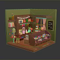 Miniature Happy Cafe Scene With Daily Necessities Shelves Display Cabinet And Plants