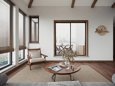 Warm Living Room Interior With Wooden Armchair Round Coffee Table Blinds And Wooden Floor 3d model