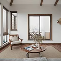Warm Living Room Interior With Wooden Armchair Round Coffee Table Blinds And Wooden Floor