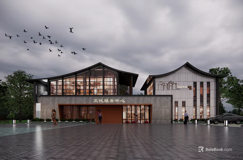 Traditional Modern Tourist Center Architecture With Plaza People And Flying Birds 3d model 