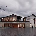 Traditional Modern Tourist Center Architecture With Plaza People And Flying Birds