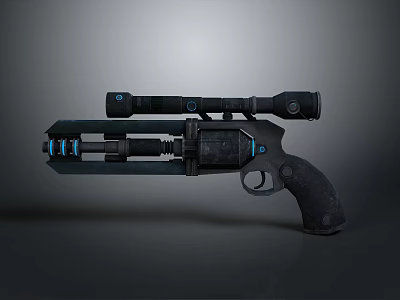 Futuristic Black Pistol Weapon With Scope And Blue Mechanical Design Accents 3d model