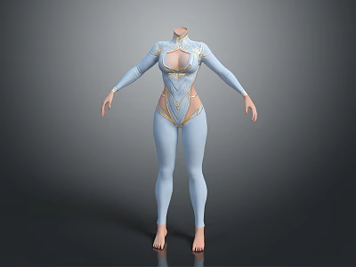 Light Blue Tight Fitting Long Sleeve Leotard With Golden Accents And Design Details 3d model
