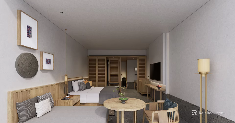 Hotel Room Interior Design With Cozy Bed Wooden Wardrobe TV And Round Table 3d model 