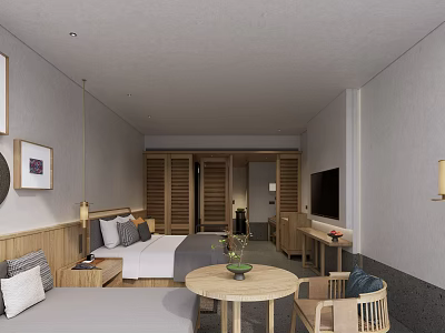 Hotel Room Interior Design With Cozy Bed Wooden Wardrobe TV And Round Table 3d model