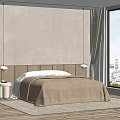 Minimalist Bedroom Interior With Gray Walls Wooden Headboard Brown Blanket Pendant Lights And City View