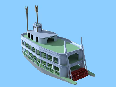 Cartoon Ferry Scene with Multiple Decks Green White Hull and Tall Chimneys on Blue Background 3d model