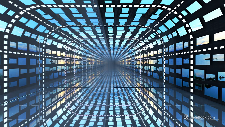Futuristic Elevator Corridor With Blue Lighting Geometric Panels And Mirrored Reflective Surfaces 3d model 