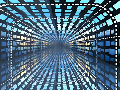 Futuristic Elevator Corridor With Blue Lighting Geometric Panels And Mirrored Reflective Surfaces 3d model