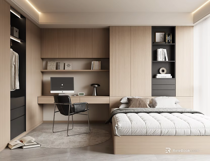 Modern Tatami Bedroom Interior With Desk Computer Bookshelves And Storage Cabinets 3d model 