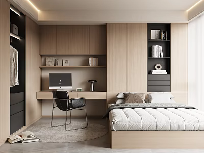 Modern Tatami Bedroom Interior With Desk Computer Bookshelves And Storage Cabinets 3d model
