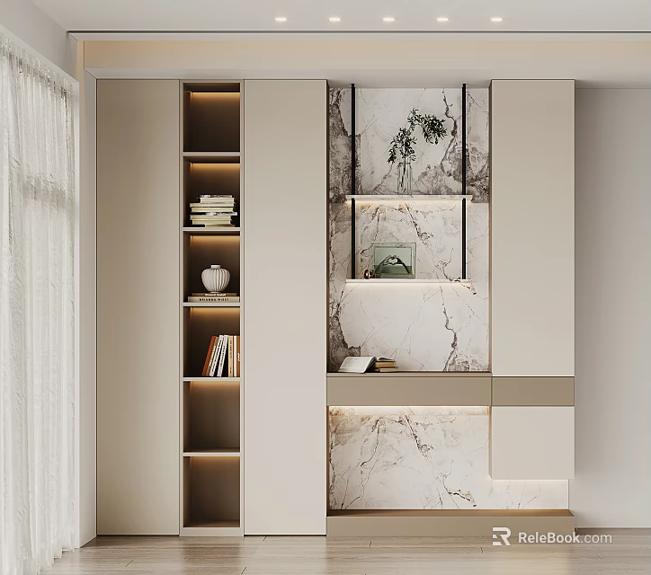 Modern Decorative Cabinet With Marble Texture Open Shelves And Decorative Items 3d model