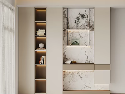 Modern Decorative Cabinet With Marble Texture Open Shelves And Decorative Items 3d model