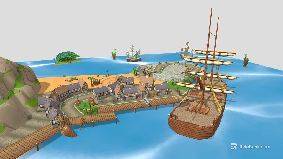 3D Rendered Coastal Scene Featuring Small Houses Wooden Dock Sailing Ship And Island 3d model 