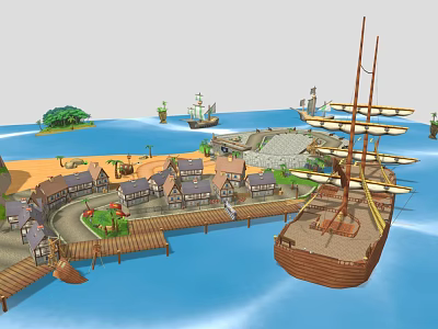 3D Rendered Coastal Scene Featuring Small Houses Wooden Dock Sailing Ship And Island 3d model