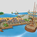 3D Rendered Coastal Scene Featuring Small Houses Wooden Dock Sailing Ship And Island