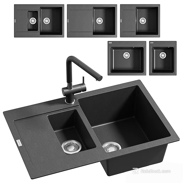 Black Double Bowl Kitchen Sink With Faucet And Various Designs 3d model 