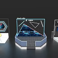 Virtual Reality Stage With Geometric Design Illuminated Edges And Display Areas
