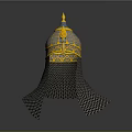 Ancient Decorative Helmet Weapon With Golden Ornament Green Details And Chainmail Neck Guard