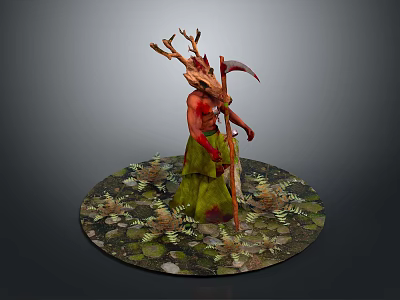 Red Skinned Figure With Antlered Head Holding Scythe On Circular Base With Fallen Leaves Plants 3d model