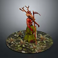 Red Skinned Figure With Antlered Head Holding Scythe On Circular Base With Fallen Leaves Plants
