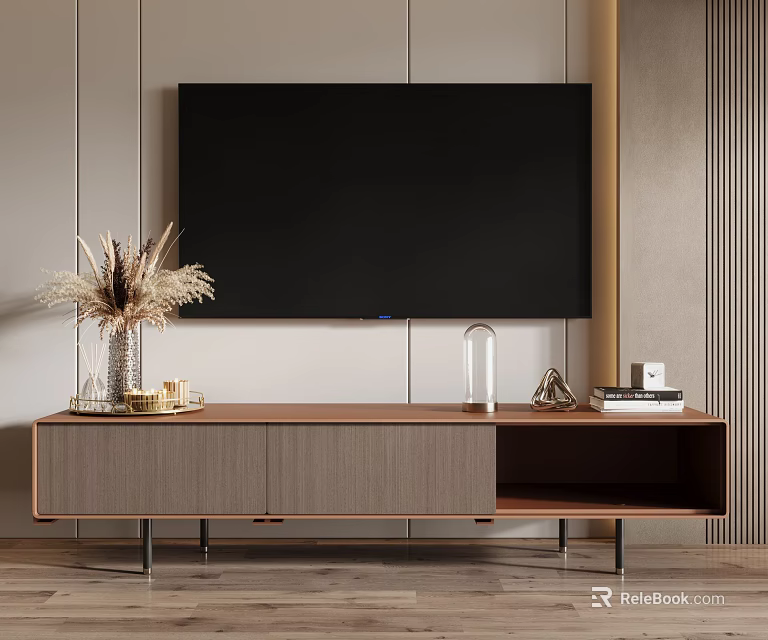 Modern Wooden TV Stand With Wall Mounted TV Decorative Vase Books And Open Shelves 3d model 