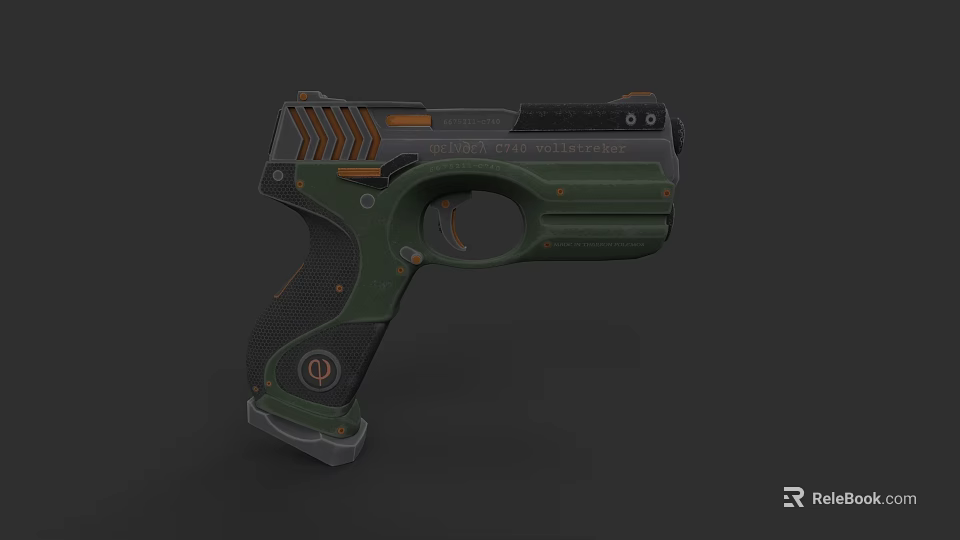Modern Tactical Pistol 3D Render With Green Black Body And Orange Accents 3d model 