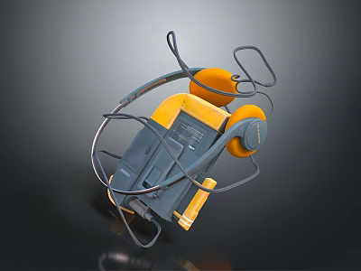 Handheld Gray Electronic Device with Yellow Components and Coiled Cables 3d model