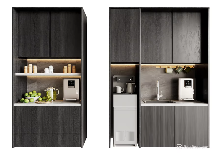 Modern Kitchen With Dark Wood Cabinets Coffee Machine Sink And Fresh Fruits 3d model 