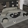 Modern Living Room with Curved Beige Sofa Black Round Coffee Table Set and Lounge Chair