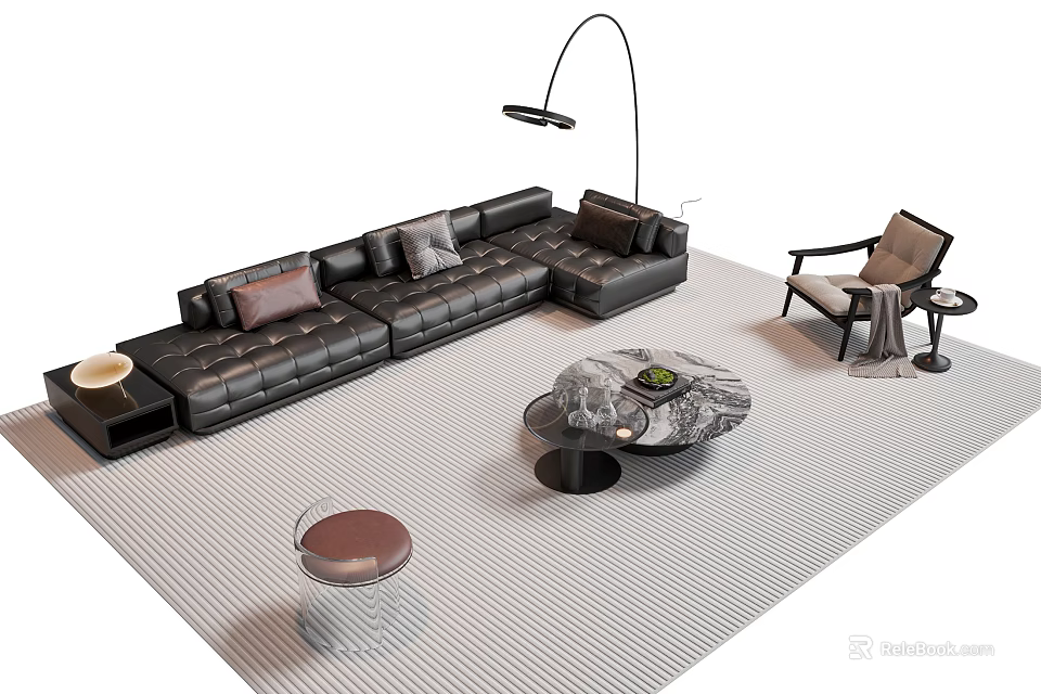 Modern Black Leather L Shaped Sofa And Coffee Table Set With Accent Chair Floor Lamp And Striped Rug 3d model 