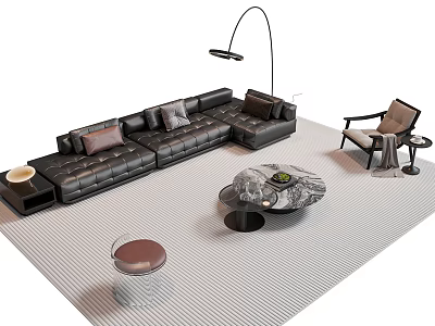 Modern Black Leather L Shaped Sofa And Coffee Table Set With Accent Chair Floor Lamp And Striped Rug 3d model