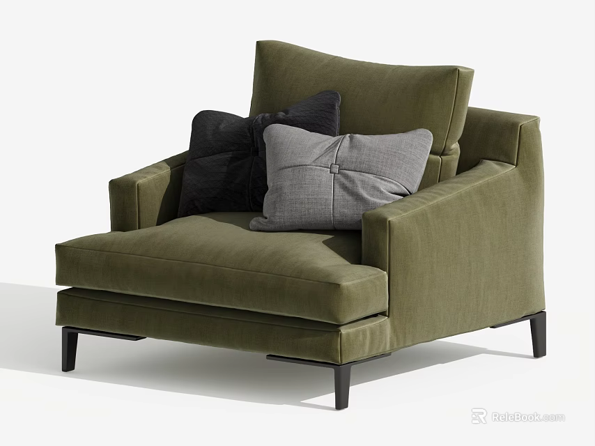 Modern Olive Green Upholstered Single Sofa With Black Gray Cushions And Slim Legs 3d model 