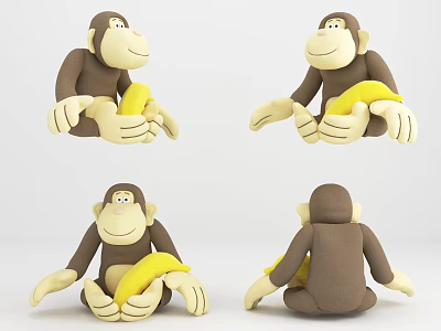 Cute Brown Stuffed Monkey Doll Holding Yellow Banana From Different Angles 3d model