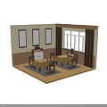 Cartoon Scene of Cozy Room with Wooden Tables Floor Cushions Wall Paintings and Window