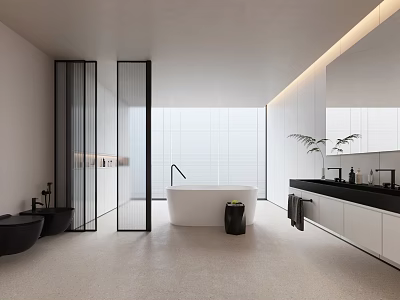 Modern Bathroom Interior With Open Design Bathtub Wet Dry Partition Marble Mirror And Plants 3d model