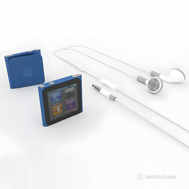 White Wired Headphones And Blue Portable Music Player With Screen And Case 3d model 