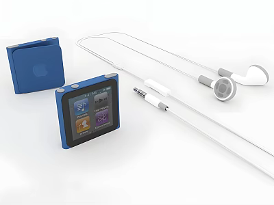 White Wired Headphones And Blue Portable Music Player With Screen And Case 3d model