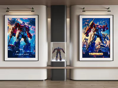 Transformers Posters Wall Art With Central Display Cabinet And Model Figure 3d model