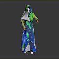Game and Movie Character Wearing Green Blue Leaf Patterned Hooded Robe with Flowing Design