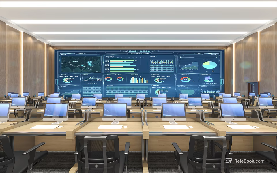 Modern Monitoring Room Interior With Large Display Screen Multiple Computers Work Desks And Data Charts 3d model 