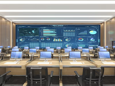 Modern Monitoring Room Interior With Large Display Screen Multiple Computers Work Desks And Data Charts 3d model