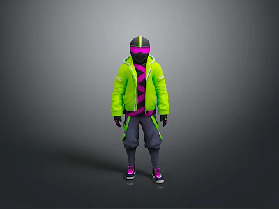 Stylish Hooded Green Jacket with Purple Accents Dark Pants and Pink Shoes 3d model