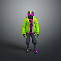 Stylish Hooded Green Jacket with Purple Accents Dark Pants and Pink Shoes