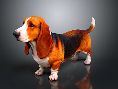 Cute Basset Hound With Brown Black White Coat Long Floppy Ears Standing On Gray Background 3d model