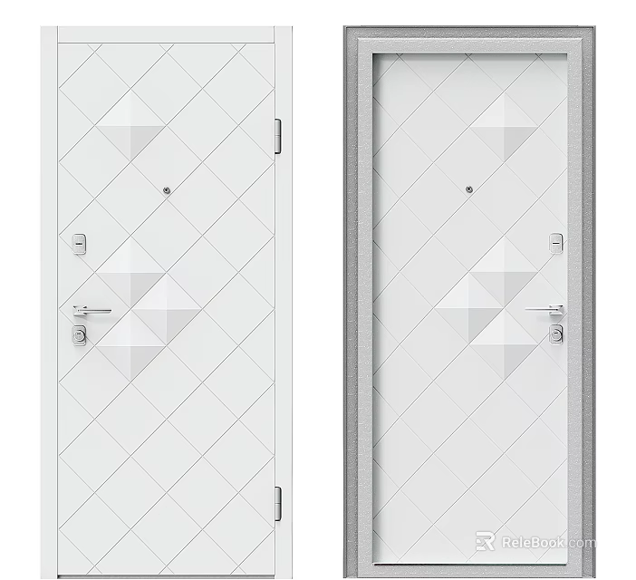 White Swing Door Featuring Geometric Pattern Decorative Design and Metal Handle Lockset 3d model