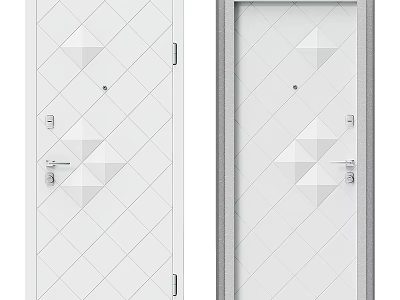 White Swing Door Featuring Geometric Pattern Decorative Design and Metal Handle Lockset 3d model