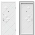 White Swing Door Featuring Geometric Pattern Decorative Design and Metal Handle Lockset 3d model