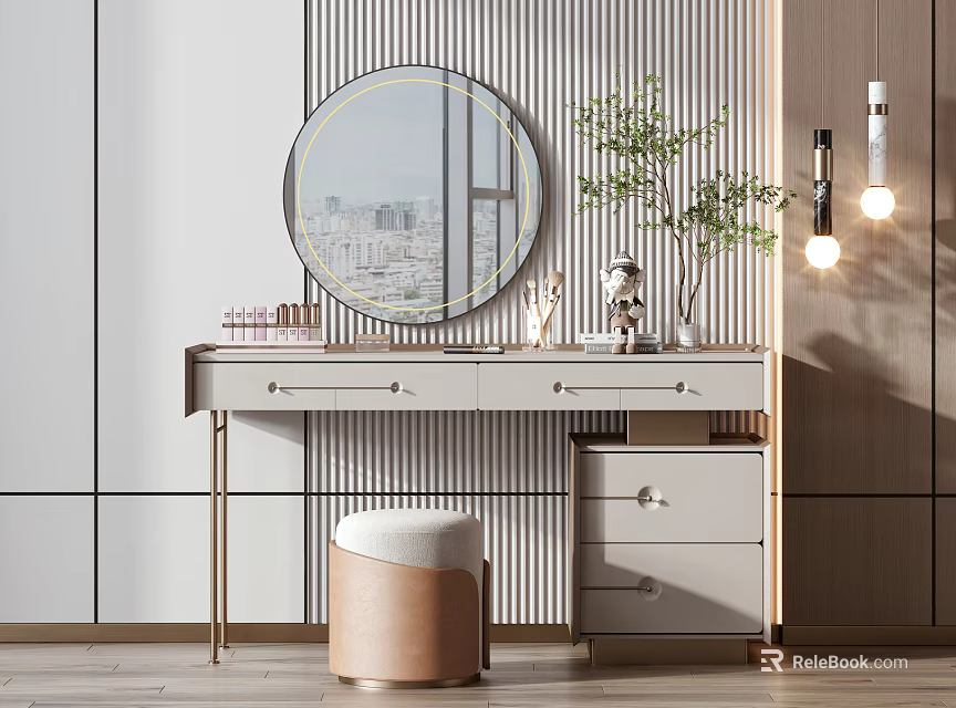 Elegant Modern Dressing Table With Circular Mirror City View Green Plant Stool And Drawers 3d model 