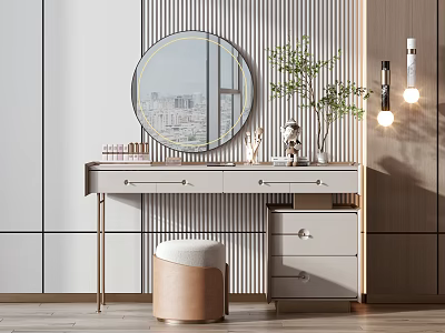 Elegant Modern Dressing Table With Circular Mirror City View Green Plant Stool And Drawers 3d model